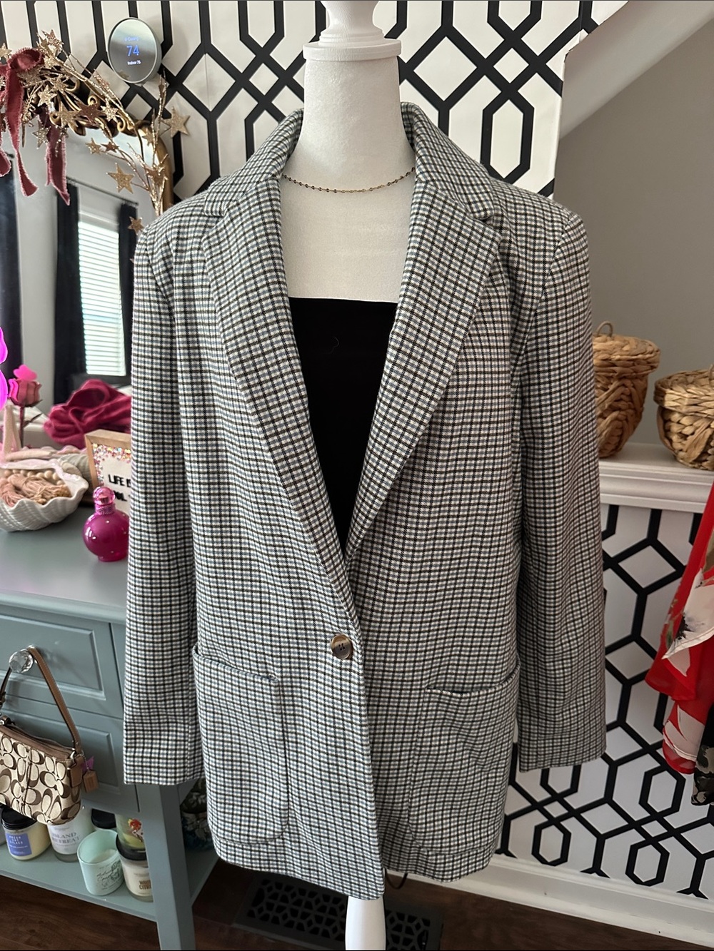 a new day Black, White, and Light Blue Houndstooth Blazer